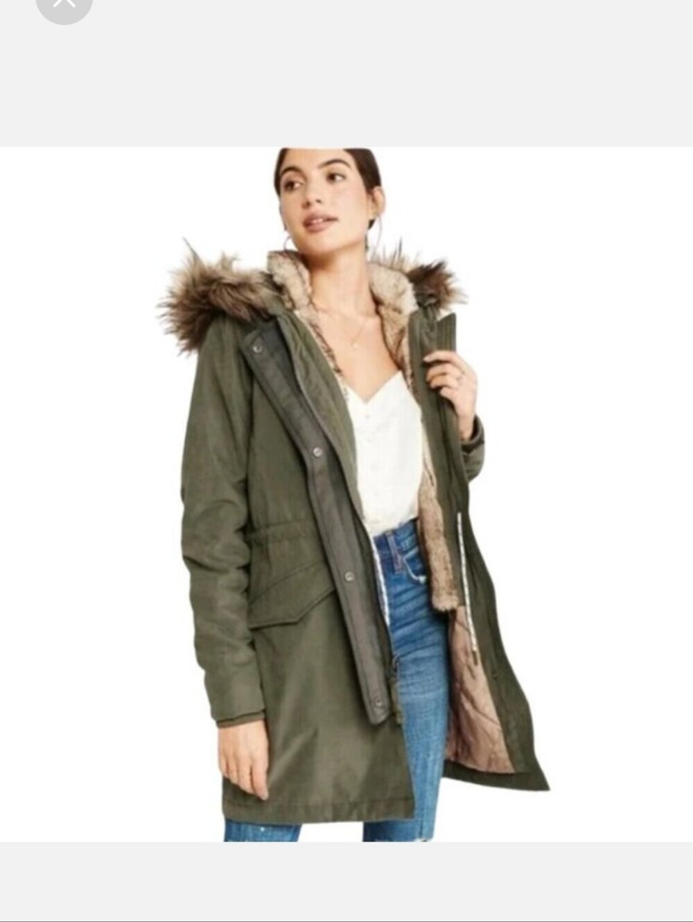 Abercrombie & Fitch Olive Green Removeable Faux-Fur Hood 3 In 1 Cinchable Parka